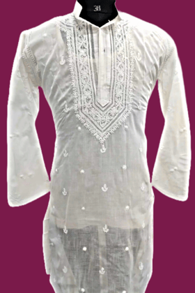 Man Cotton Blend Chikankari Embroidered Ethnic Motifs Double placket Kurta
