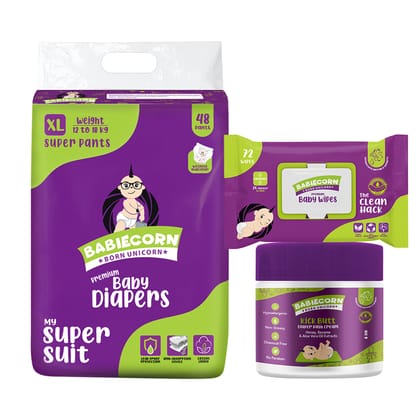 BABIECORN Diapering Essentials Combo|Baby Diapers|100% Ayurvedic Rash Cream|Baby Wet Wipes - XL (3 Pieces)