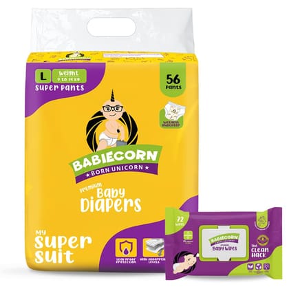 BABIECORN Diaper Wiper Combo Baby Diapers (Size L) with Wetness Indicator+Free Baby Wipes (White)