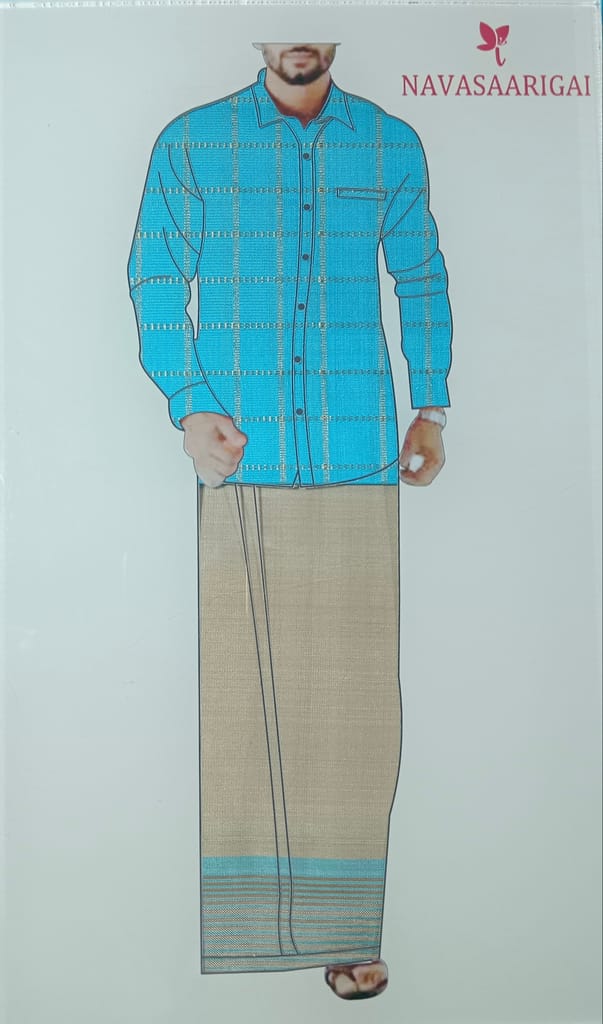 NVHSVSB001 -Sky Blue Handloom Silk Veshti And NVHSSSB001-Sky Blue Handloom Silk Shirt 2.5 meters - Kurtas & Kurta Sets | Buy online on ZillyBuy