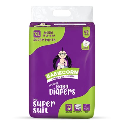 BABIECORN My Super Suit Baby Diaper Pants with Wetness Indicator 12 to 18kg - XL (48 Pieces)