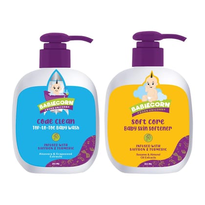 BABIECORN Soft Core Baby Skin Softener with Code Clean Top-to-Toe Body Wash (2 x 200 ml)