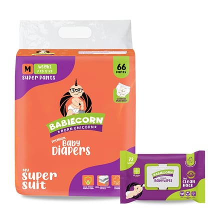 BABIECORN Diaper Wiper Combo Baby Diapers (Size M)with Wetness Indicator +Free Baby Wipes (White)