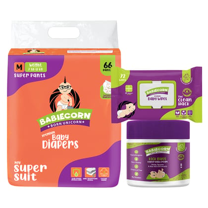 BABIECORN Diapering Essentials Combo|Baby Diapers|100% Ayurvedic Rash Cream|Baby Wet Wipes - M (3 Pieces)