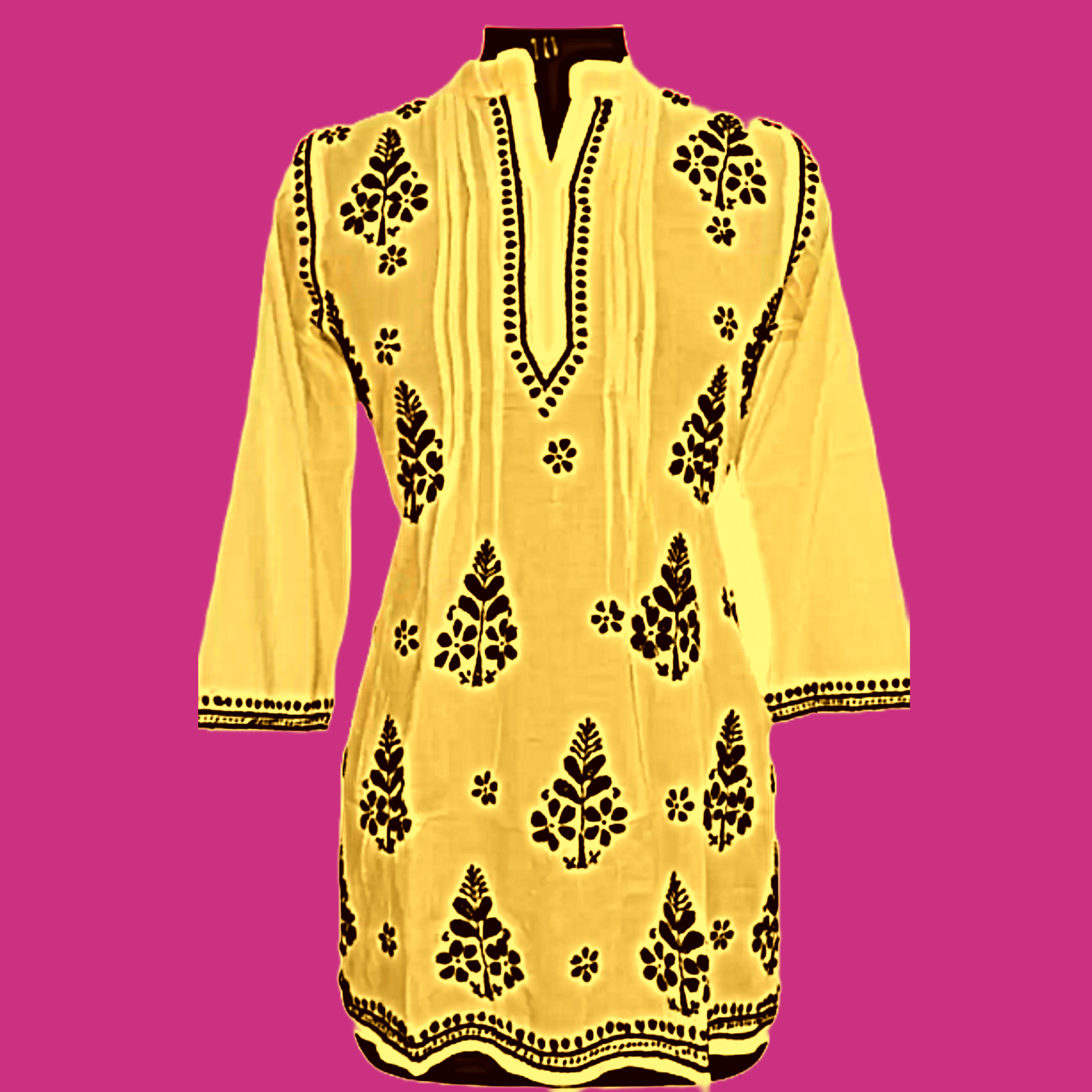 Yellow and Black Embroidered Colour Pure Cotton Chikankari Kurti