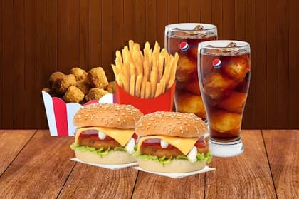 2 Paneer Burger+ Fries+ Jalapeno Poppers+ Pepsi __ Five Spice Paneer Burger,Five Spice Paneer Burger