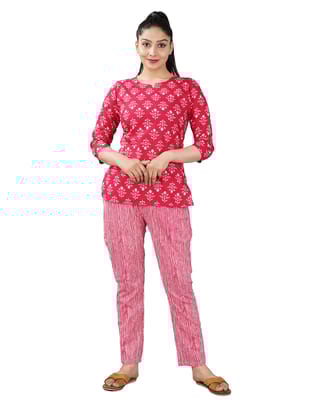 Women's Cotton Night Suit Pyjama Set Floral Printed Notch Neck