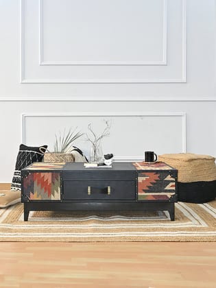 RAMPUR COFFEE TABLE - KILIM AND LEATHER-120 cms (L) x 60 cms (W) x 40 cms (H)