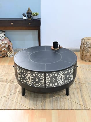 ROUND WOODEN COFFEE TABLE - LEATHER AND DIGITAL PRINTED FABRIC-120 cms (Dia) x 45 cms (H)
