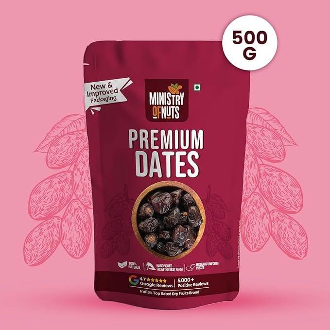 Ministry Of Nuts Special Khenaizi Dates Premium Khajoor All Natural, Good Source Of Protein & Dietary Fibres, Zero Cholesterol & Trans Fat, No Sugar (Dates 500g)