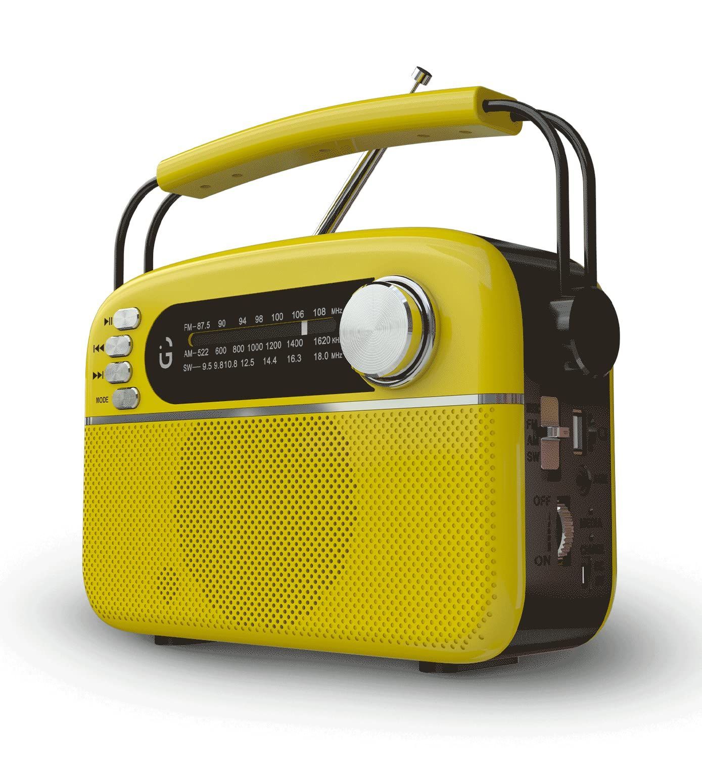 iGear Evoke Retro Modern style Radio and MP3 player with FM/AM/SW, 3 bands, Bluetooth, USB, TF/SD Card, 1200mAh rechargeable battery, Solar charger, Material ABS and Metal, Colour Yellow and black, 1 Year Free replacement warranty.