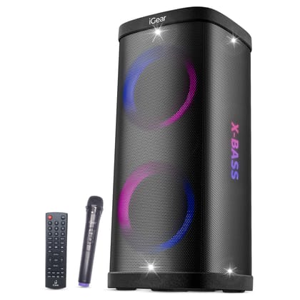 iGear X-Bass 100 Portable Bluetooth Party Speaker, 100W Monstrous Pro Sound, Dynamic Light Show, Upto 9Hrs Playtime, Built-in Powerbank, Guitar & Mic Support,TWS Function (Black)