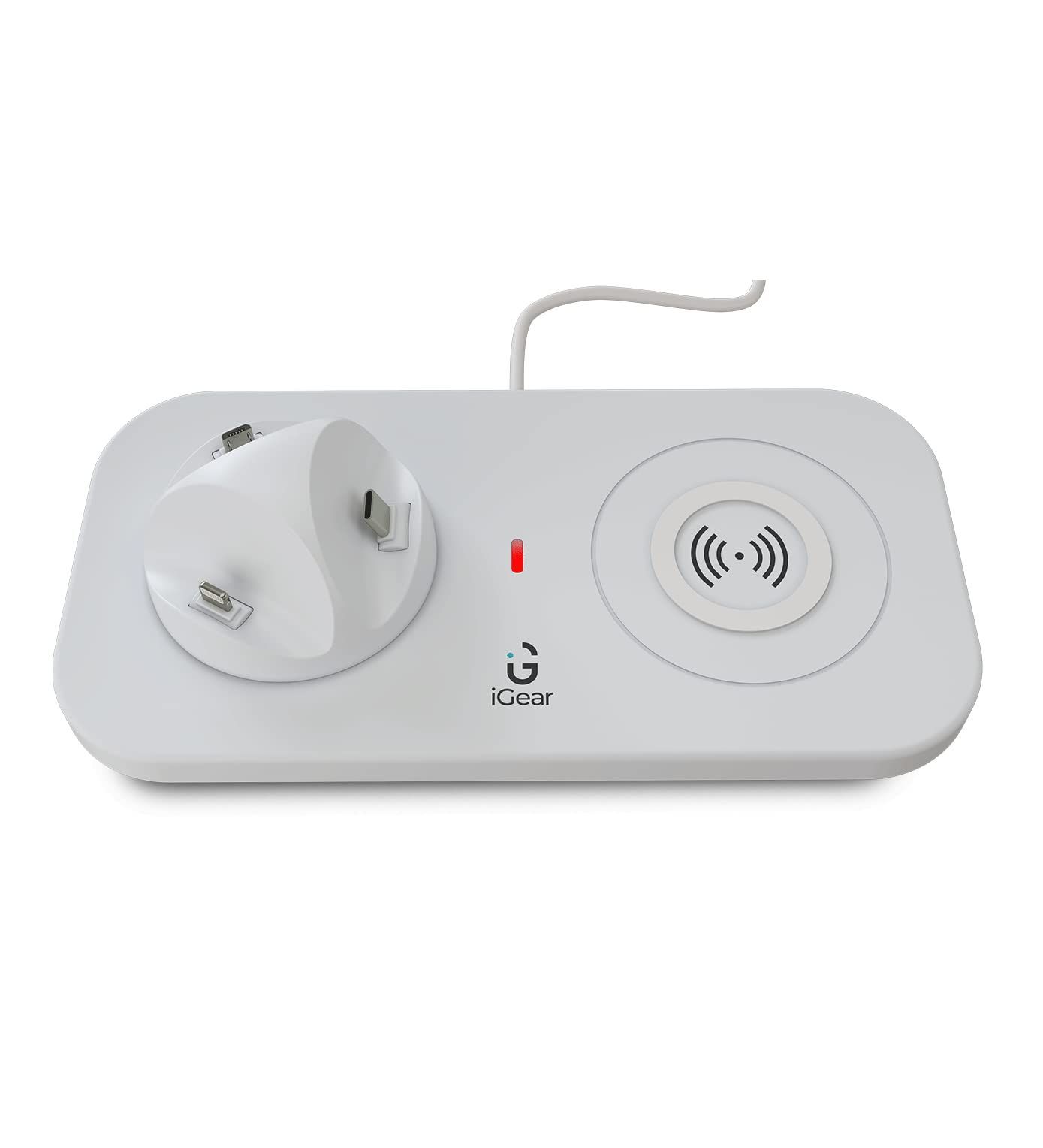 iGear DockMe 10W Fast Charging with Docking and 15W Wireless Charger, Android, iOS and Type-C Charging pins,(White) - 1 Year Free Replacement Warranty