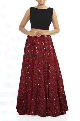 Garvi Gurjari Women Hand Ajrakh Block Print Mashru Silk Long Skirt