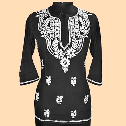 Black and White Gala Bouti Short Chikankari kurta