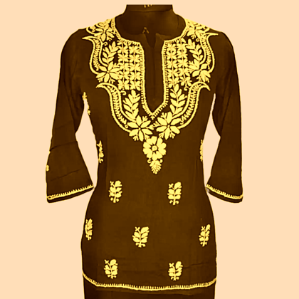 Brown and Yellow Gala Booti Short Chikankari kurta
