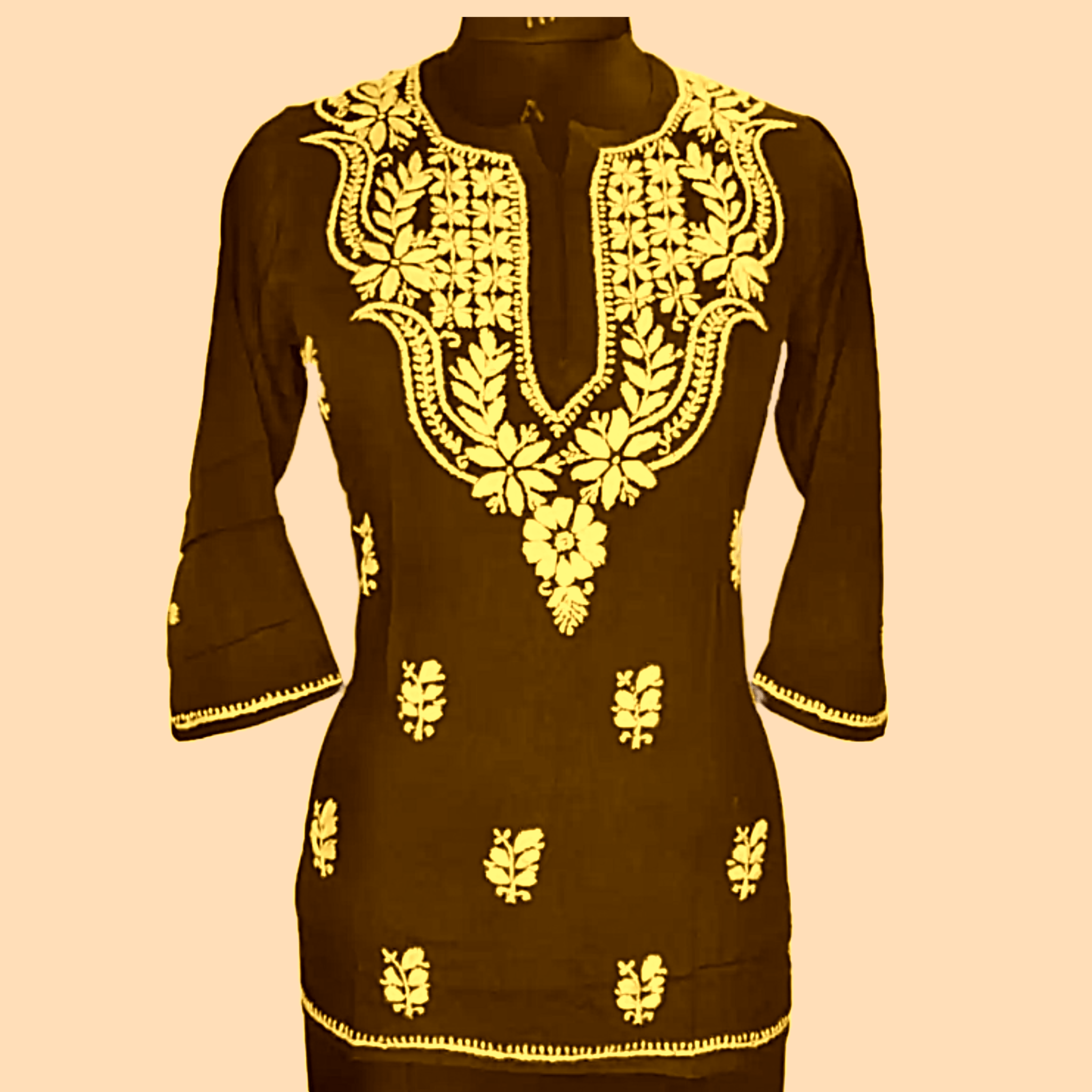 Brown and Yellow Gala Booti Short Chikankari kurta