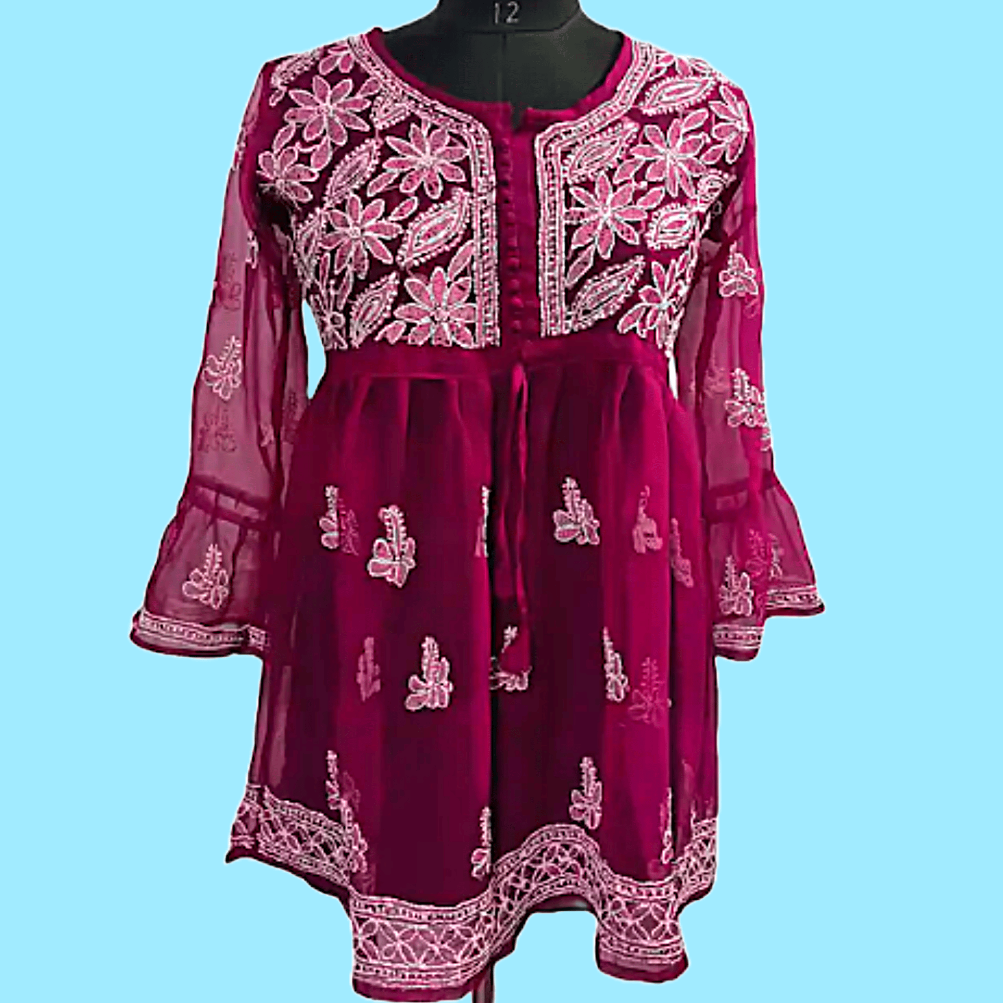 Maroon Chikan Embroidery Cotton Rayon A-line Kurta