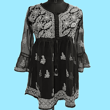 Women Chikan Embroidery Georgette Straight Kurta&nbsp;&nbsp;(Black)