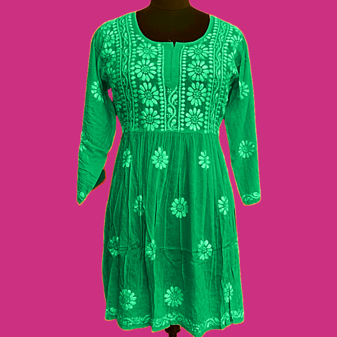 Green Chikan Embroidery Women short kurta