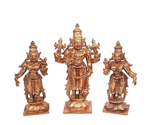 Searchers Paradise - Copper Idols Srinivasa Perumal with Sridevi and bhudevi ,4.1 inches, Copper Handmade 520 Grams, Patina Antique Finish, Pack of 1 Piece