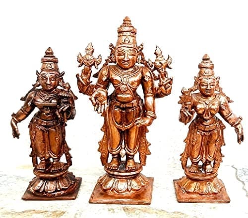 Searchers Paradise - Copper Idols Venkateswara with Sridevi and Bhudevi,3.9 inches, Copper Handmade  251 Grams, Patina Antique Finish, Pack of 1 Piece