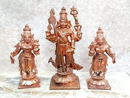 Searchers Paradise - Copper Idols Murugar with Valli and Deivanani ,4.5 inches, Copper Handmade 620 Grams, Patina Antique Finish, Pack of 1 Piece