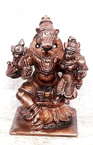 Searchers Paradise - Copper Idols Bhu Varaha Perumal,2.6 inches, Copper Handmade 250 Grams, Patina Antique Finish, Pack of 1 Piece