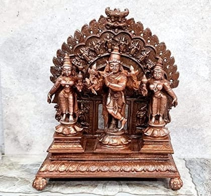 Searchers Paradise - Copper Idols Venugopala with Sridevi and Bhudevi with Dasavadhara Prabhavali,7.2 inches, Copper Handmade 1700 Grams, Patina Antique Finish, Pack of 1 Piece