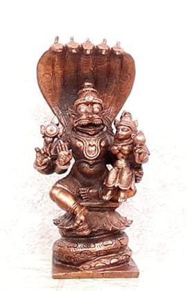 Searchers Paradise - Copper Idols Lakshmi Narasimhar Sitting in Adhisesha ,4 inches, Copper Handmade 380 Grams, Patina Antique Finish, Pack of 1 Piece