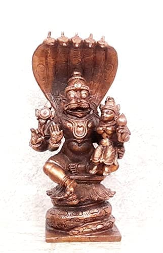 Searchers Paradise - Copper Idols Lakshmi Narasimhar Sitting in Adhisesha ,4 inches, Copper Handmade 380 Grams, Patina Antique Finish, Pack of 1 Piece