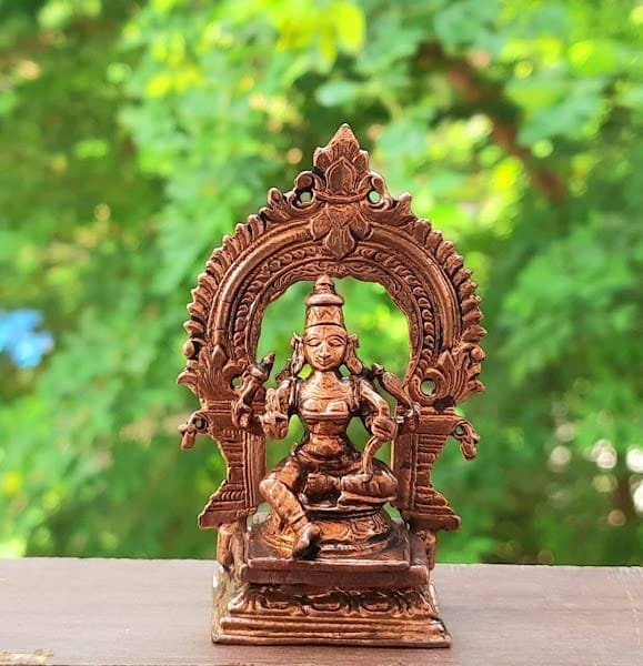 Searchers Paradise - Copper Idols Raja Rajeshwari with Prabhavalli,3.3 inches, Copper Handmade  140 Grams, Patina Antique Finish, Pack of 1 Piece