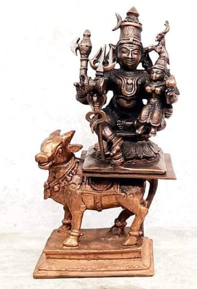 Searchers Paradise - Copper Idols Shiva PARVATHI Idol with Nandi VAHANA,3 inches, Copper Handmade 602 Grams, Patina Antique Finish, Pack of 1 Piece