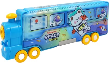MANNAT Train Shape Pencil Box with Space Theme | Sturdy Movable Wheels | Toy Train  Space Theme Pencil Box | Inbuilt Sharpener Art Plastic Pencil Box (Set of 1, Blue)