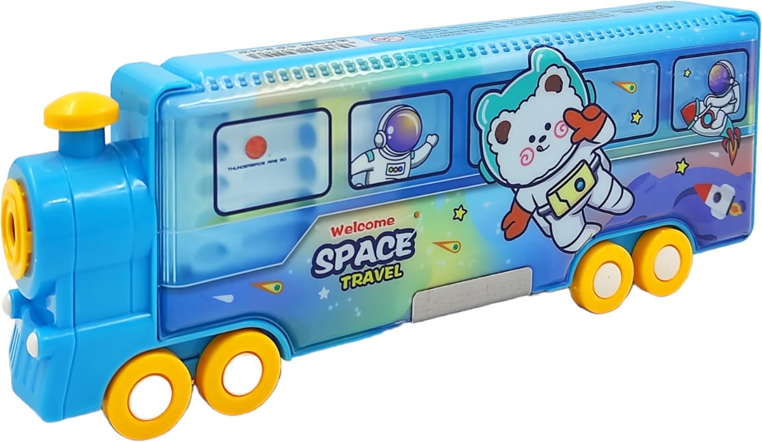 MANNAT Train Shape Pencil Box with Space Theme | Sturdy Movable Wheels | Toy Train  Space Theme Pencil Box | Inbuilt Sharpener Art Plastic Pencil Box (Set of 1, Blue)