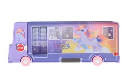 MANNAT Train Shape Pencil Box with Unicorn Theme | Sturdy Movable Wheels | Toy Train Unicorn Pencil Box | Inbuilt Sharpener Art Plastic Pencil Box (Set of 1,Purple)