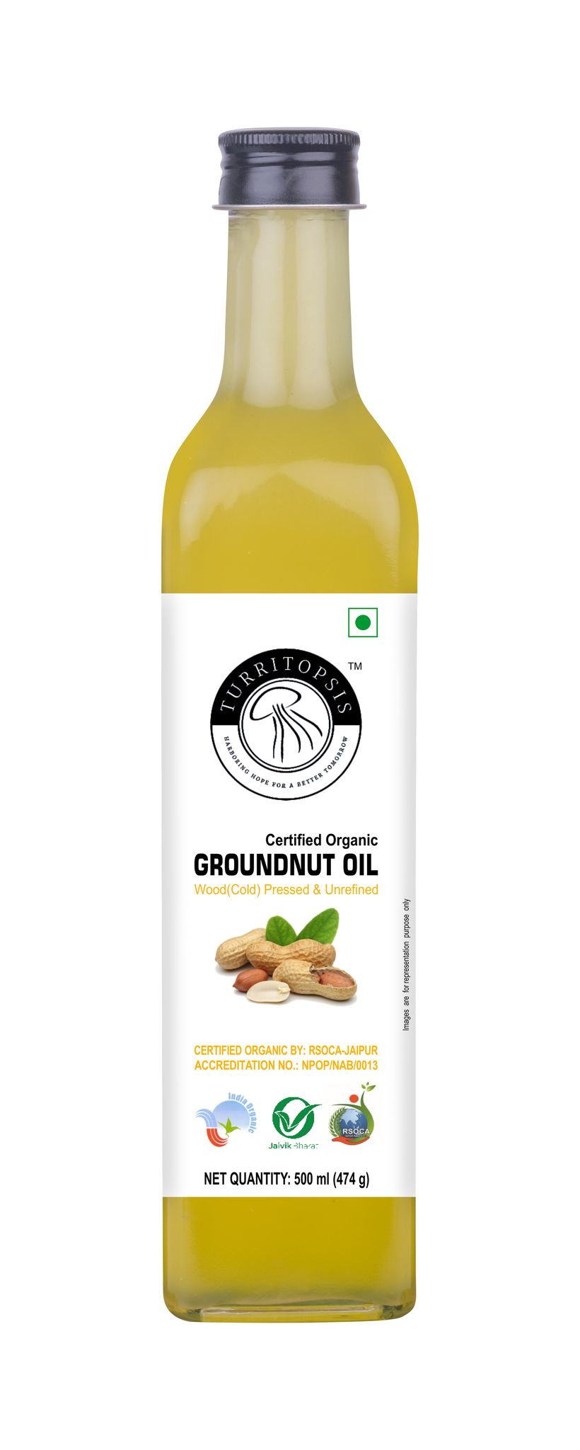 Turritopsis Kachi Ghani Groundnut Oil Certified Organic Kohlu Chekku Wood pressed Cold pressed Virgin Unrefined Pure Natural Cooking Oil 500 ml Pack of 1