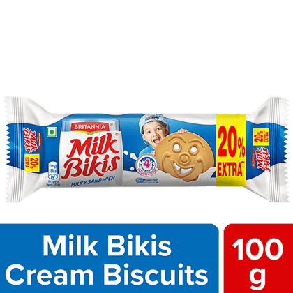 Britannia Milk Bikis - Milk Cream Biscuits, Essential Nutrients, Teatime Snack, 100 G(Savers Retail)