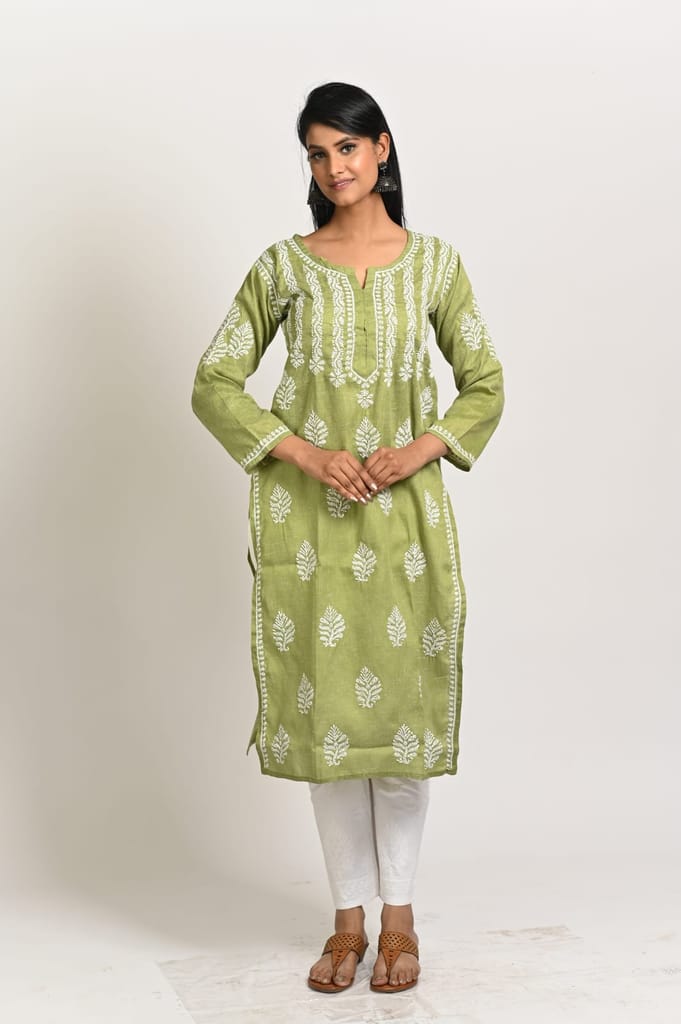 Inaya Khadi Straight Green Chikankari Kurti - Kurtas & Kurta Sets | Buy online on ZillyBuy
