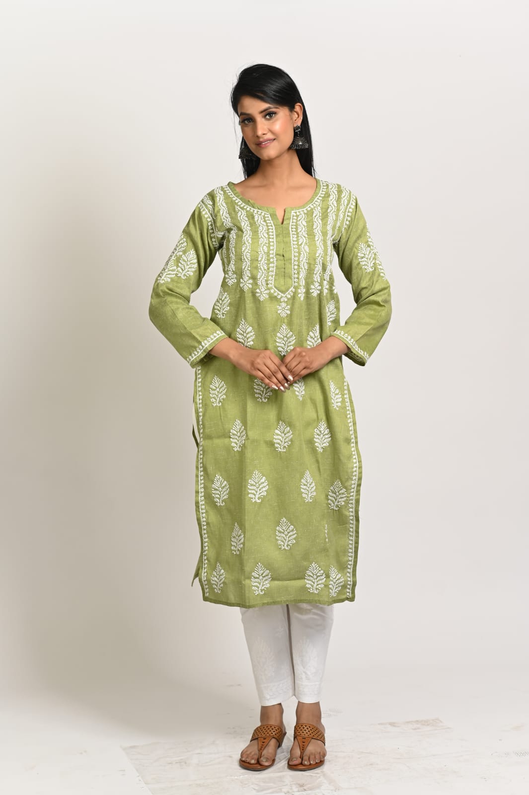 Inaya Khadi Straight Green Chikankari Kurti