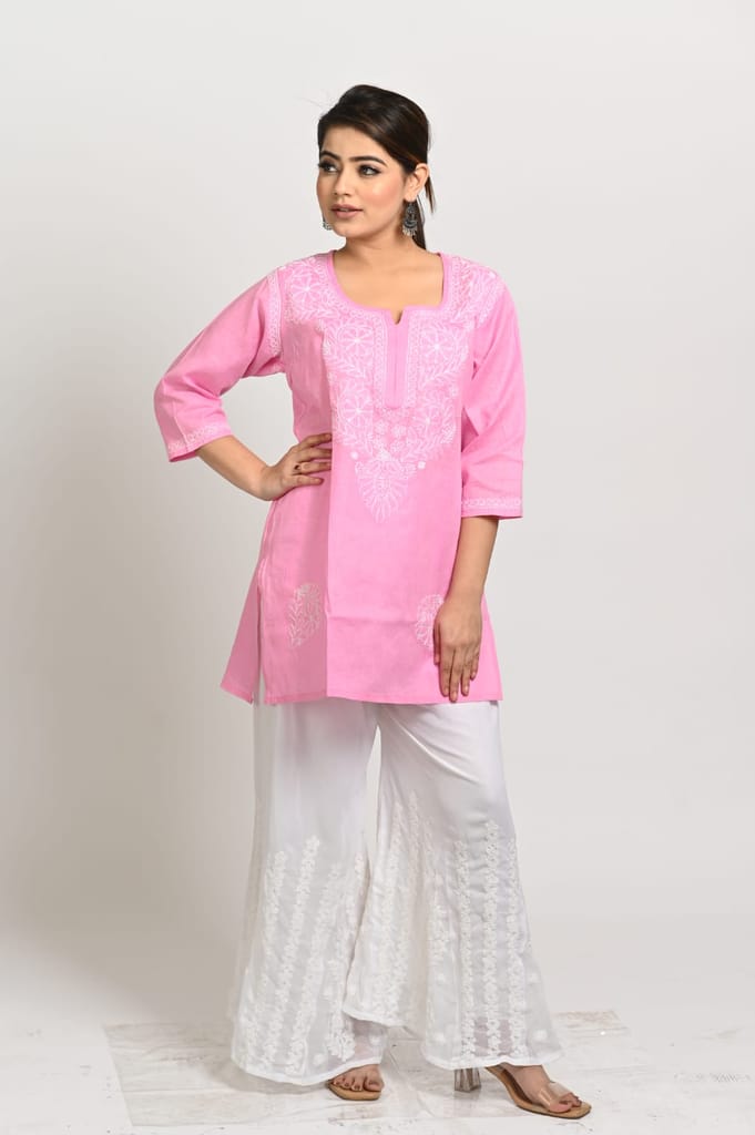 Meraki Cotton Short Baby Pink Chikankari Kurta - Kurtas & Kurta Sets | Buy online on ZillyBuy