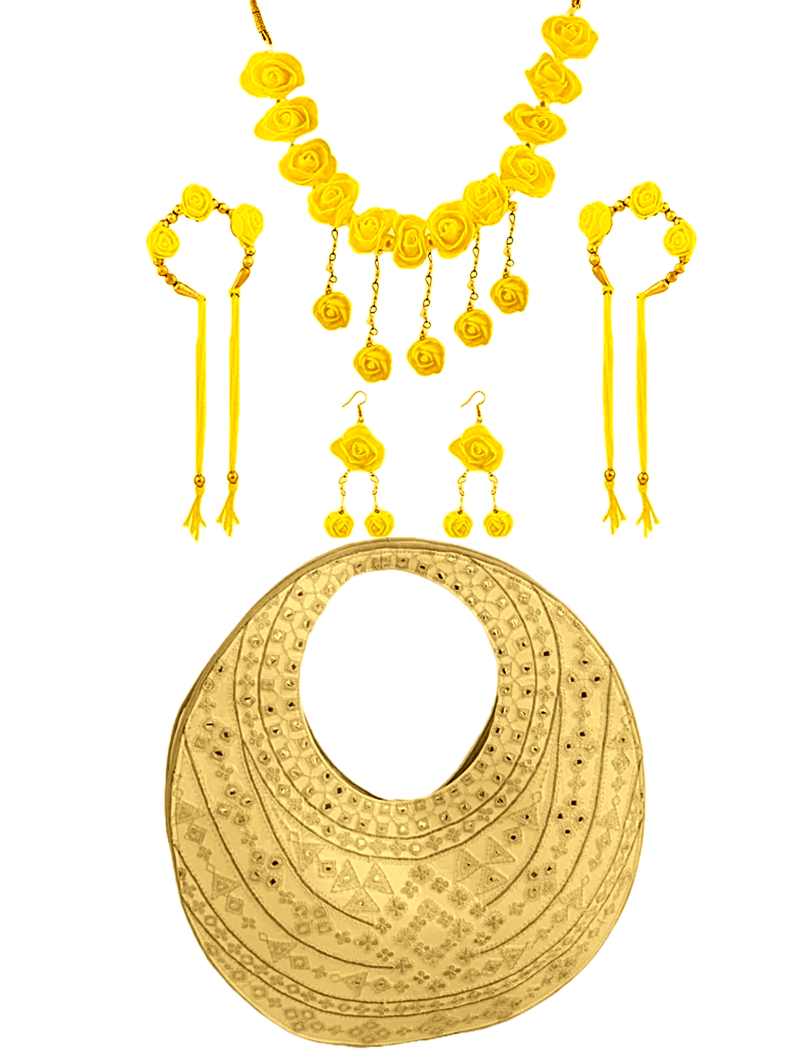Chikankari Embroidered Bag Circle Shape Colour Lemon Yellow with Yellow Flower Jewellery Set