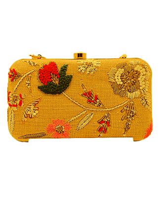 Clutch Bag | Mehandi | Haldi Bridal | Chikankari Embroidered Bag | Semi-square Shape | Yellow Flower Jewellery Set