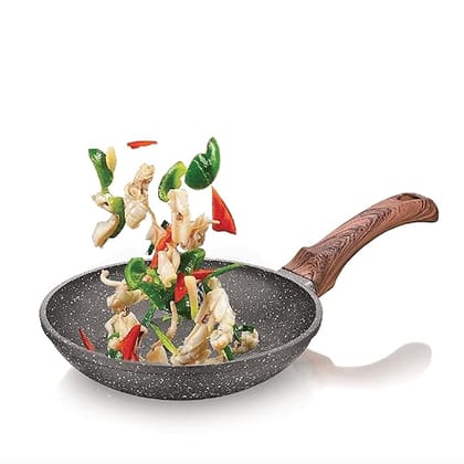Echt Die Cast Aluminum Non Stick Frying Pan(24 cm), Granite Finish,Wooden Finish Soft Touch Handle, idle to sauté vegies and Fry Omelette, PFOA Free, Tapper Fry Pan with 1 Year Warranty(Grey)-12Pc
