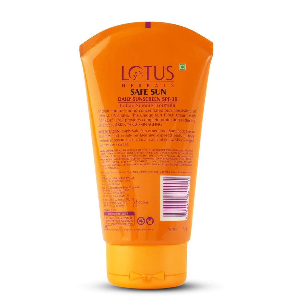 Lotus Safe Sun Sunblock SPF 30 PA++| Black Plum Extract| Suitable For Indian Summers, Water Proof, Sweat Proof, Non Greasy| Suitable For All Skin Types| 100g