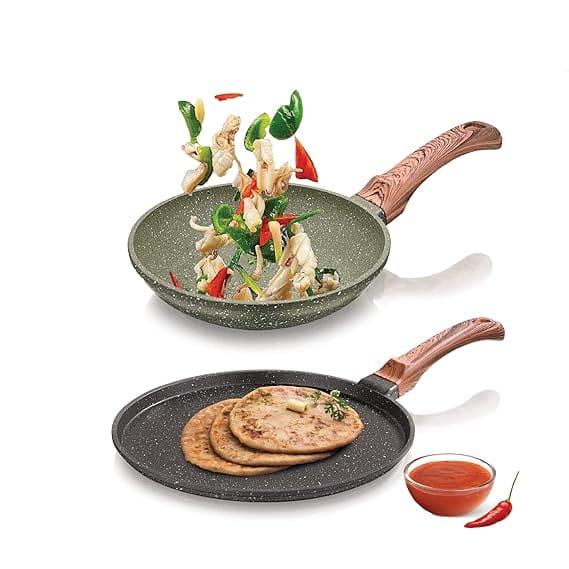 ECHT Die Cast Aluminium Non Stick Combo Set of 2 (24 cm Frying Pan and 28cm Dosa Tawa), Granite Finish,Soft Touch Handle, idle for sauté,Frying,dosa and rotis vegies and Omelettes,Green & Grey