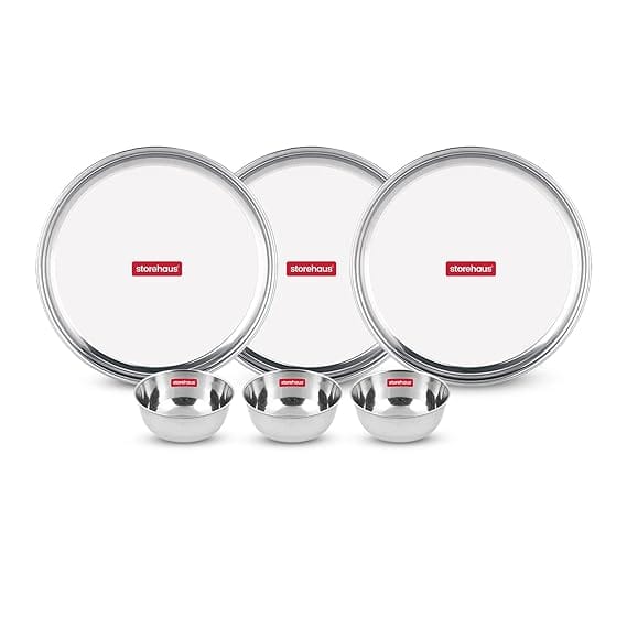 Storehaus Stainless Steel 3pc Thalis and 3pc Katoris Kitchenware Set Ideal for Home, Restaurants and Family Use, Silver