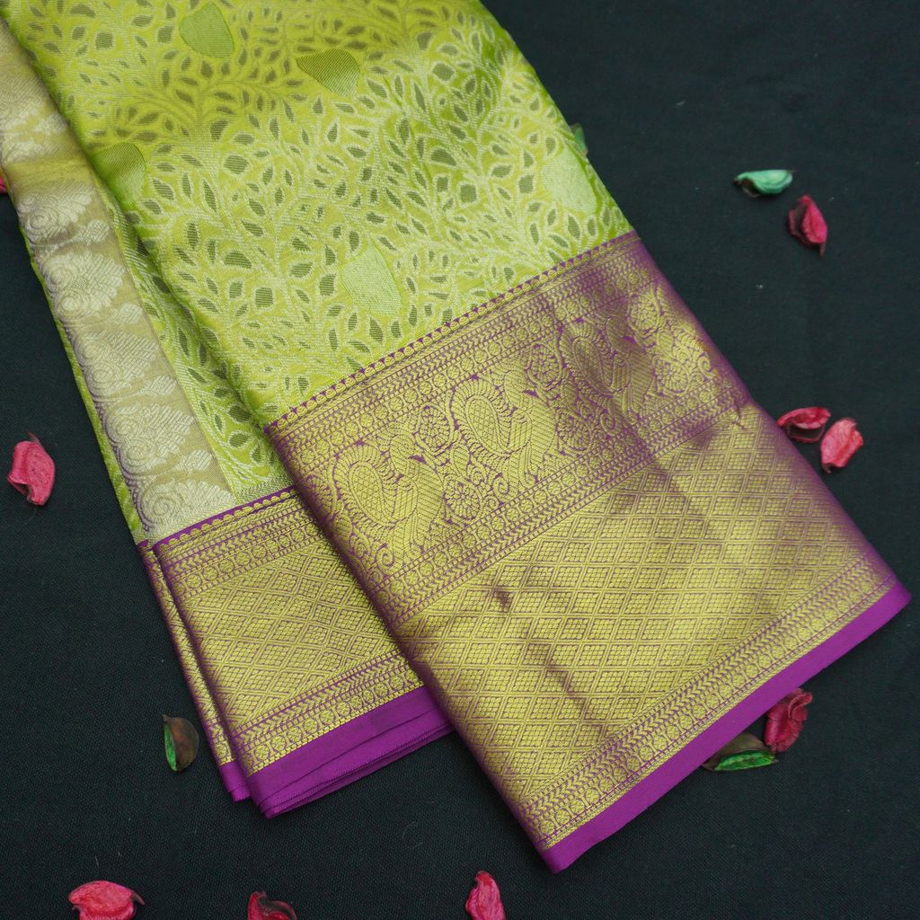 Exclusive Green and Purple Tissue Kanchipuram Wedding Silk Sari
