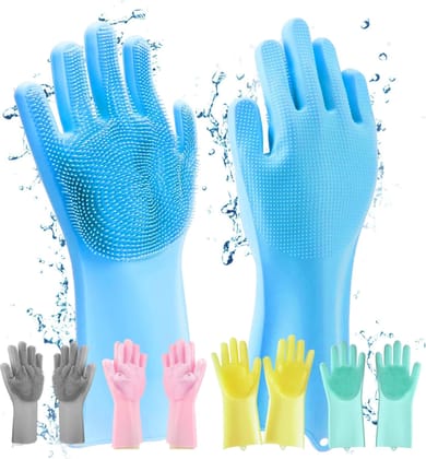 Reusable Silicone Cleaning Brush Scrubber Gloves (Multicolor)