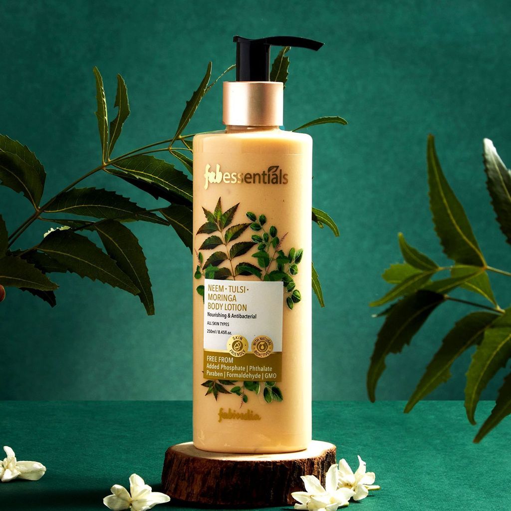 Fabessentials Neem Tulsi Moringa Body Lotion | enriched with Almond Oil | Protects against Skin Breakouts | Nourishing & Deep Moistursing | with Actibacterial & Antifungal Properties | Skin-Friendly pH - 250 ml